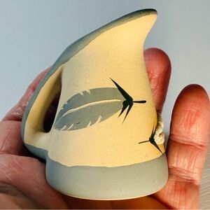 Handcrafted Ceramic Miniature Native Pitcher with Feather Design by Grey Feather